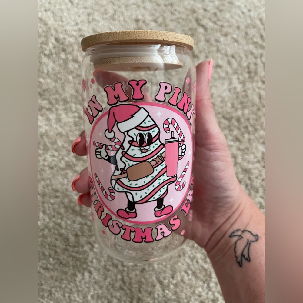 In my pink Christmas Era glass Libby cup
